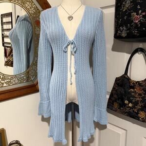 VTG Y2K Its Our Time Light Blue Open Knit Crochet Tie Front Duster Cardigan S